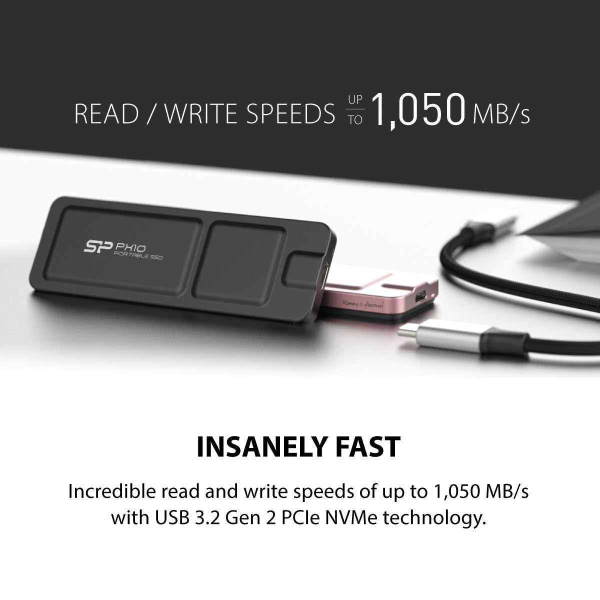 Silicon Power PX10 512GB-2TB USB-C 3.2 Gen 2 Externe tragbare Solid-State-Festplatte, für iPhone 15 Pro/Pro Max, PS5 und Xbox Series X [Schwarz]
